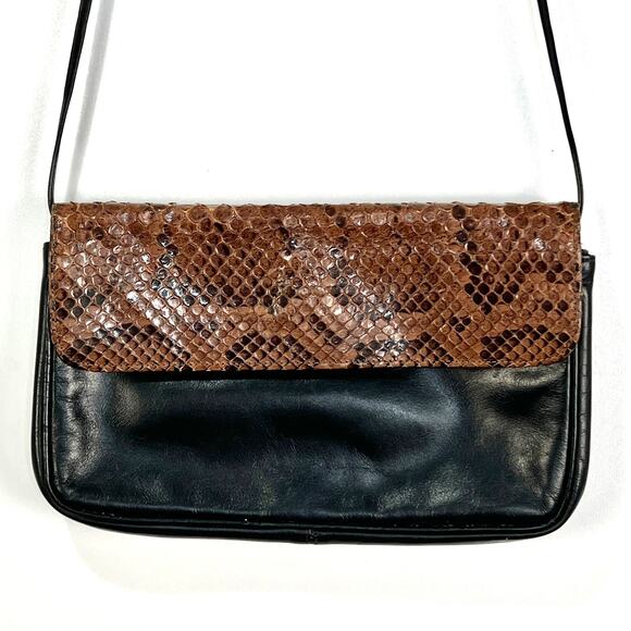 Halston Vintage Crossbody Bag Leather and Python Skin Black Brown